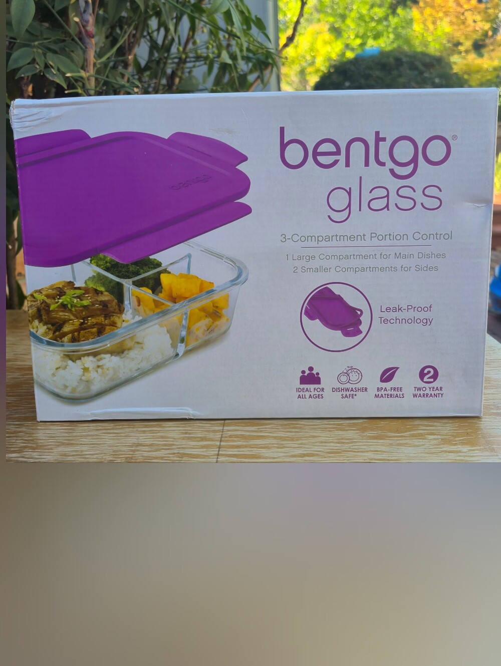 Bentgo Glass 3-Compartment Meal Container with Purple Lid